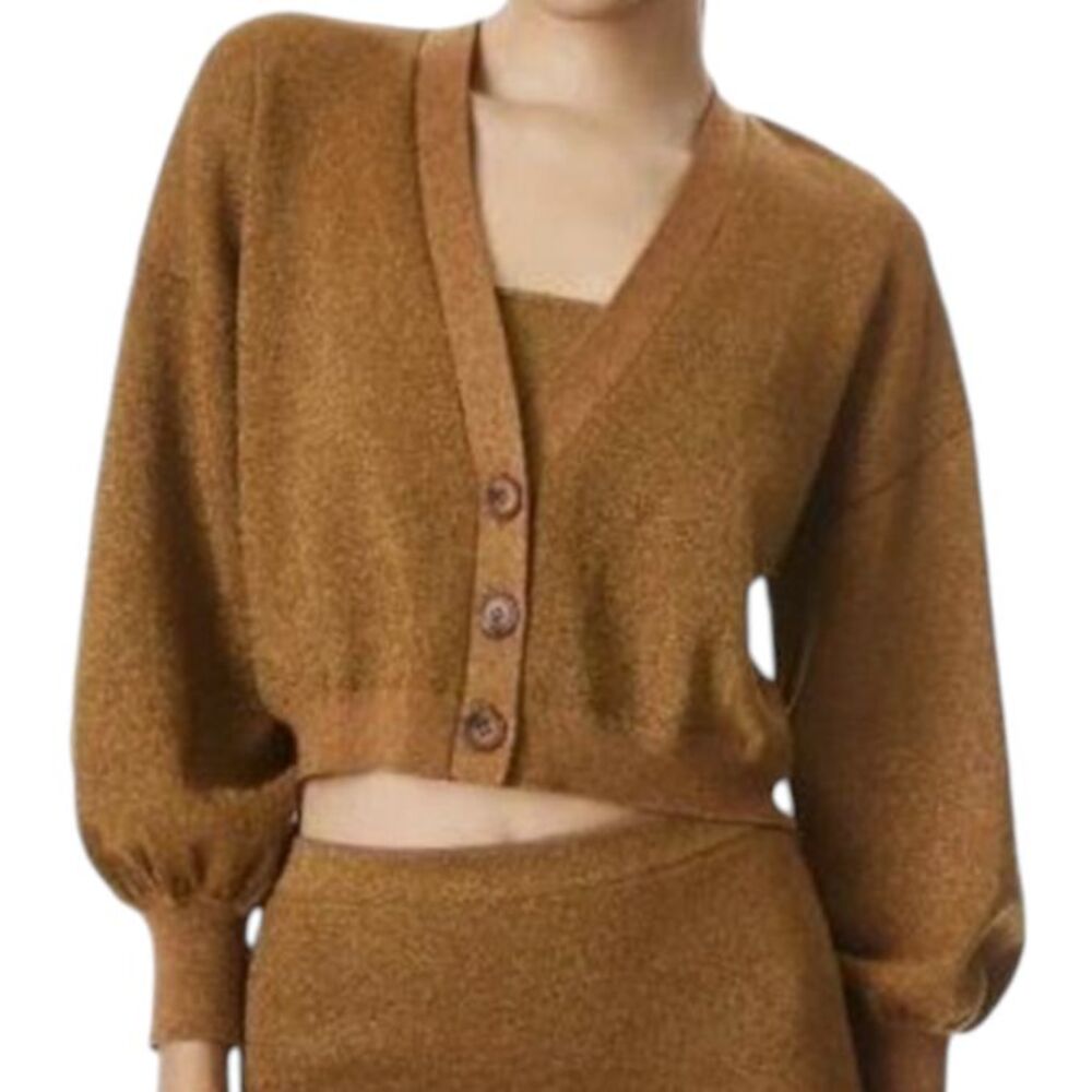 Alice + Olivia Zelina Preppy Metallic Bronze Deep V-Neck Cardigan Sweater XS‎
